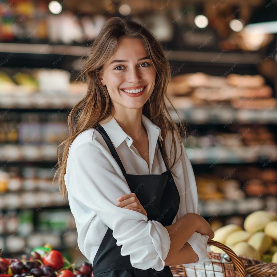 Encargada de tienda sonriendo junto a la fruta y los anaqueles